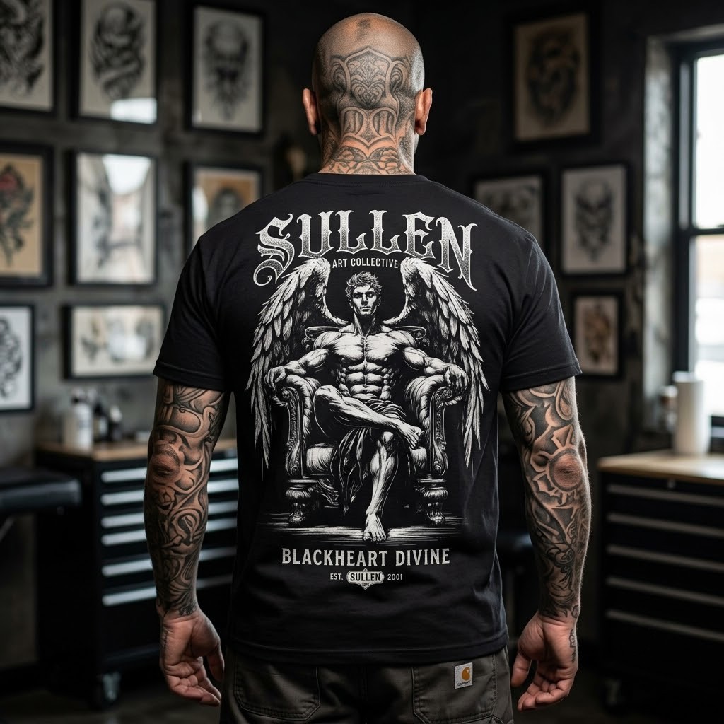 Dark Fallen Angel Tattoo Style Sullen Art Black T-Shirt Chicano Men, S-5XL