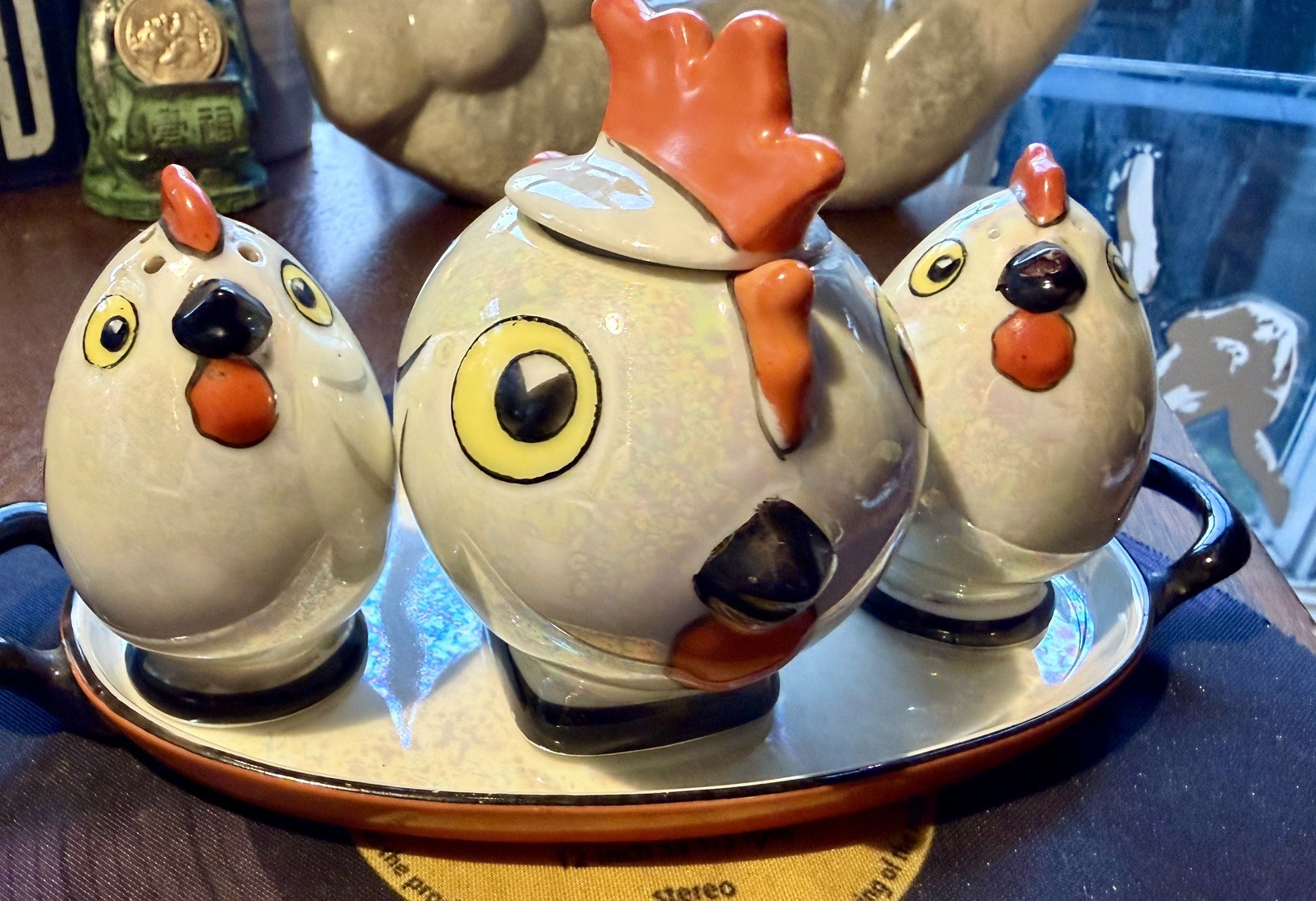 Vintage Art Deco Noritake Lusterware Chick & Hen Condiment Set - 5pc Complete Vintage Art Deco Noritake Lusterware Chick & Hen Condiment Set - 5pc Complete