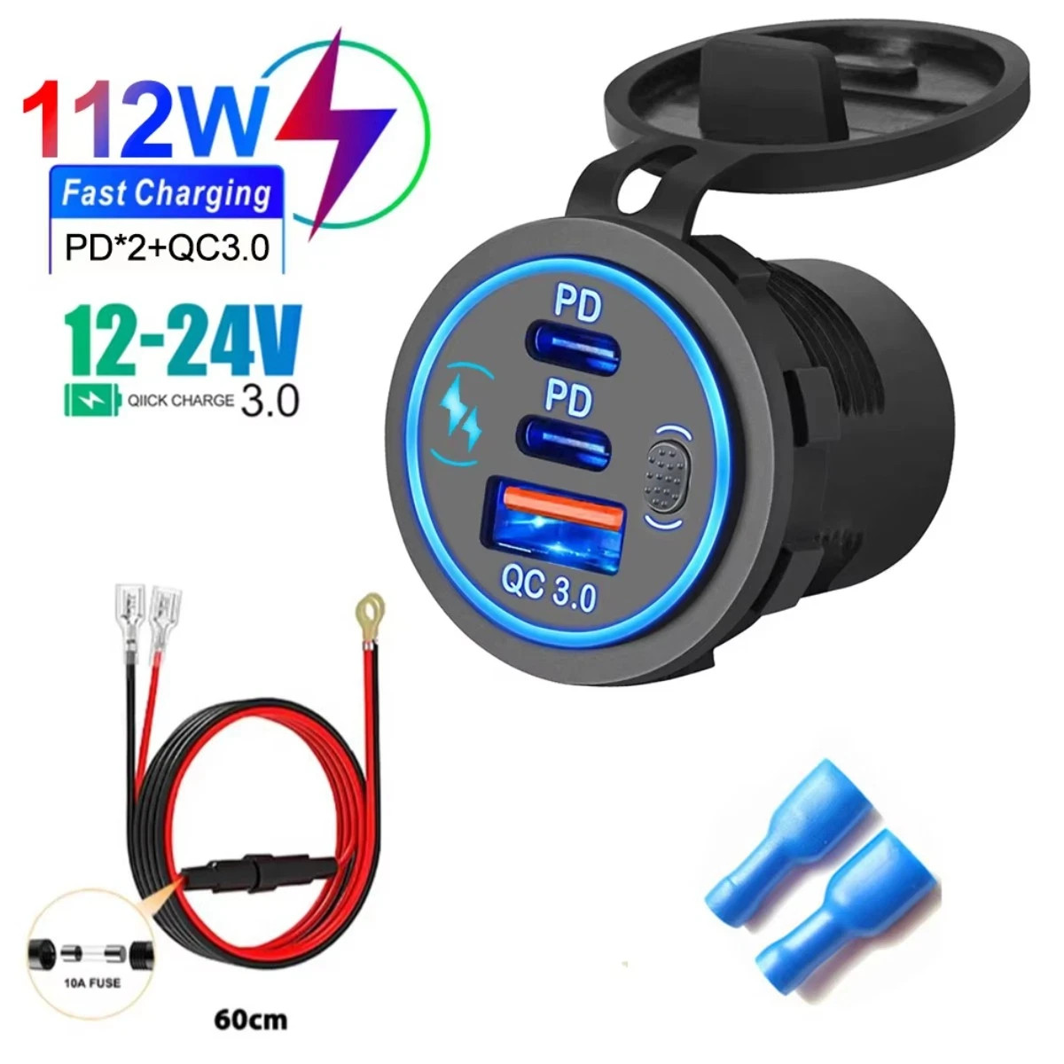 12-24V 3 Port Fast Car Charger PD & QC3.0 USB-C Outlet Socket for RV Marine Boat 12-24V 3 Port Fast Car Charger PD & QC3.0 USB-C Outlet Socket for RV Marine Boat