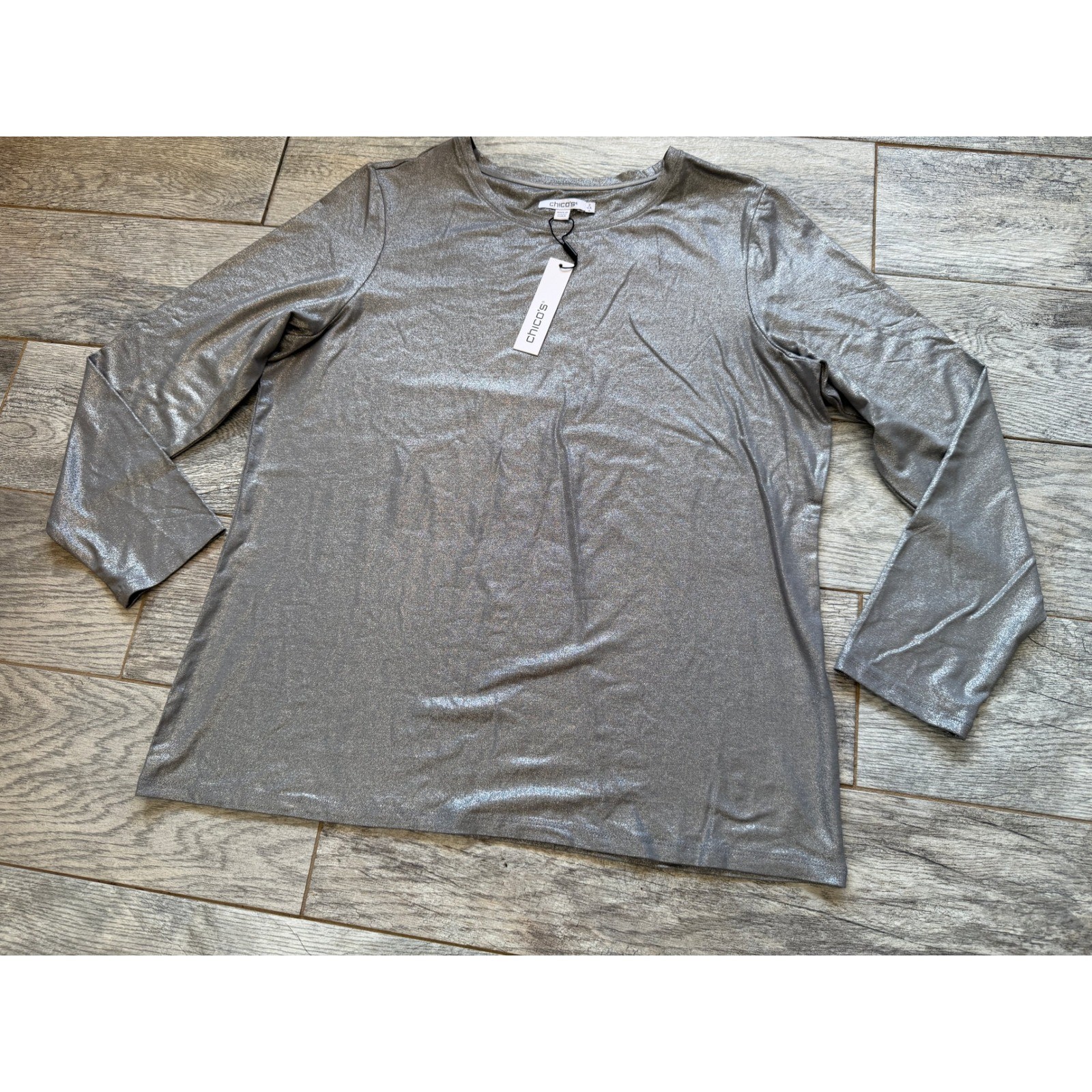 Chicos Long Sleeve Shirt Tee Touch of Cool Foil Layering Large 2 Metallic NWT