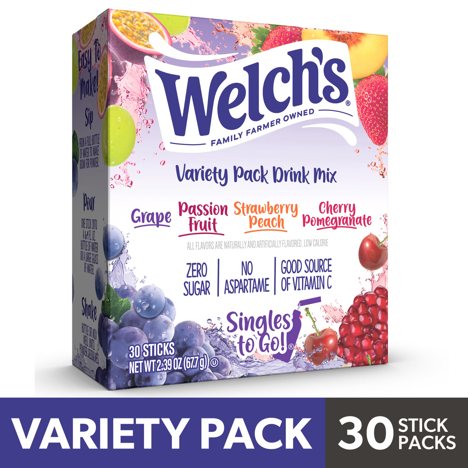 Welch\'s Zero Sugar Variety Pack Singles to Go Powdered Drink Mix, Grape