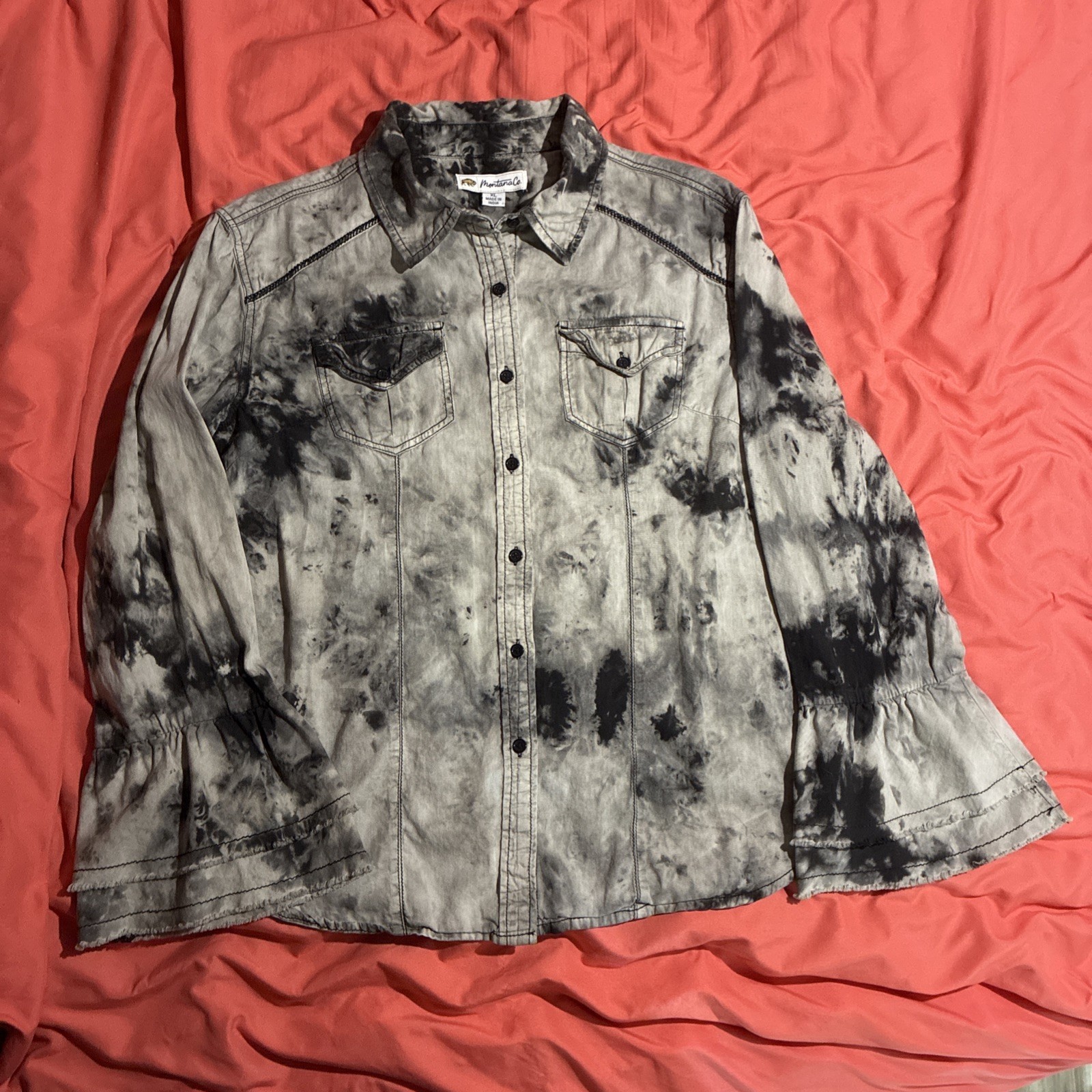 Montana Co Women’s XL Distressed Gray Button Up Shirt Cross ,& Bell Sleeve 