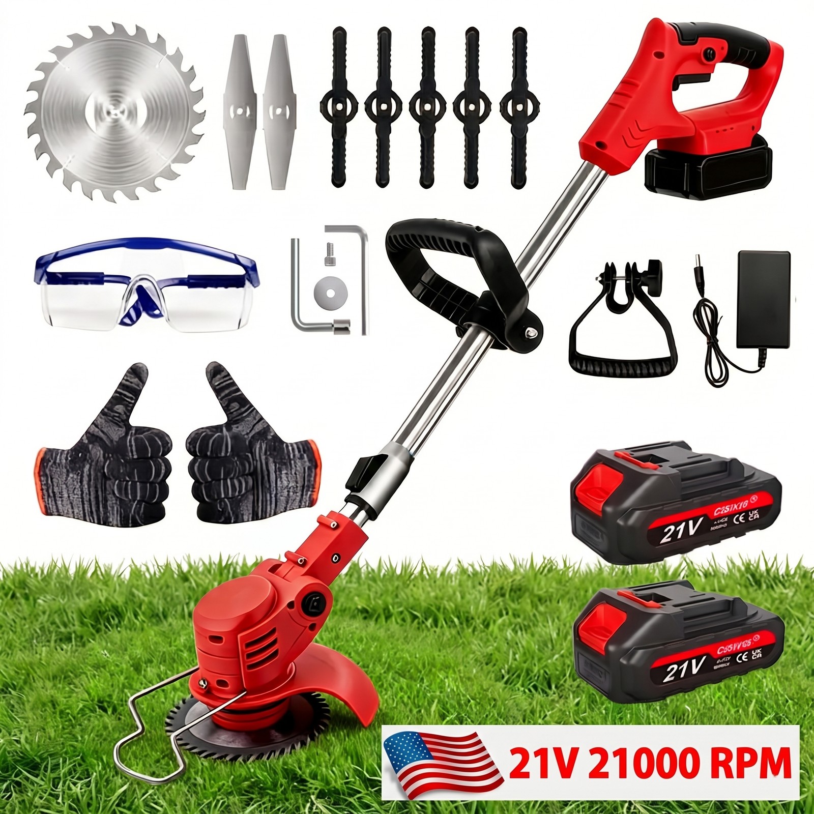 21V Electric Cordless Grass Trimmer Strimmer Garden Edger Cutter w/ 2 Battery
