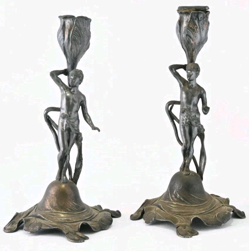 WMF Antique Art Nouveau Silver  Candlesticks Fine Rare Male Figural Pewter 