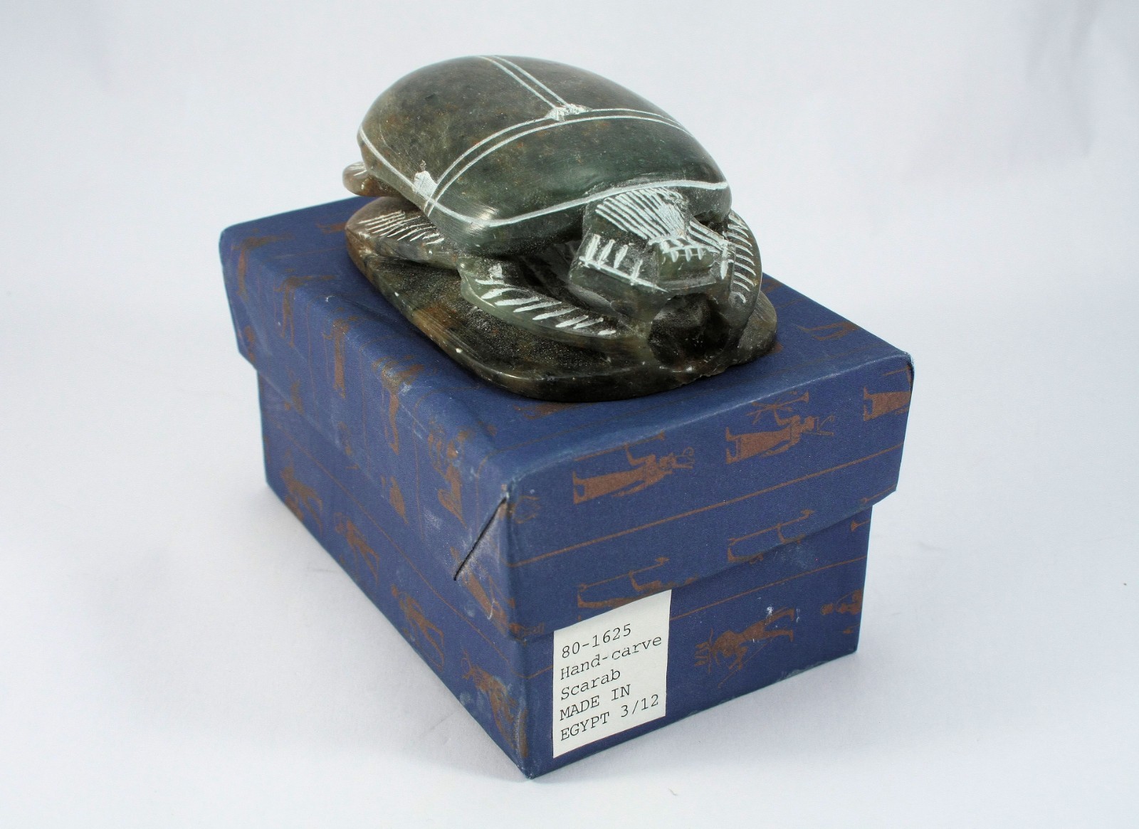 Scarab Beetle Egyptian Hand Carved Soapstone w/ Hieroglyphs; Includes Gift Box