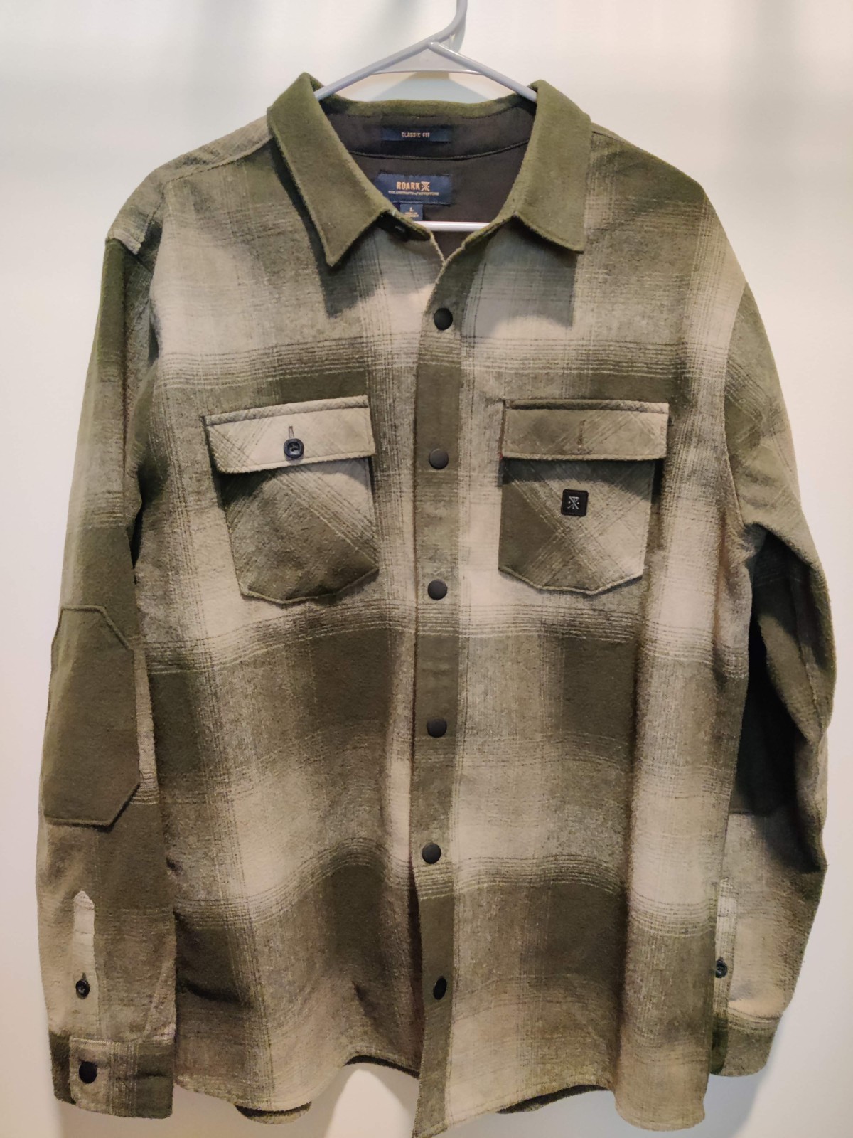 Roark Classic Fit Green Plaid Flannel Elbow Patches Men\'s Sz Large Shirt Jacket