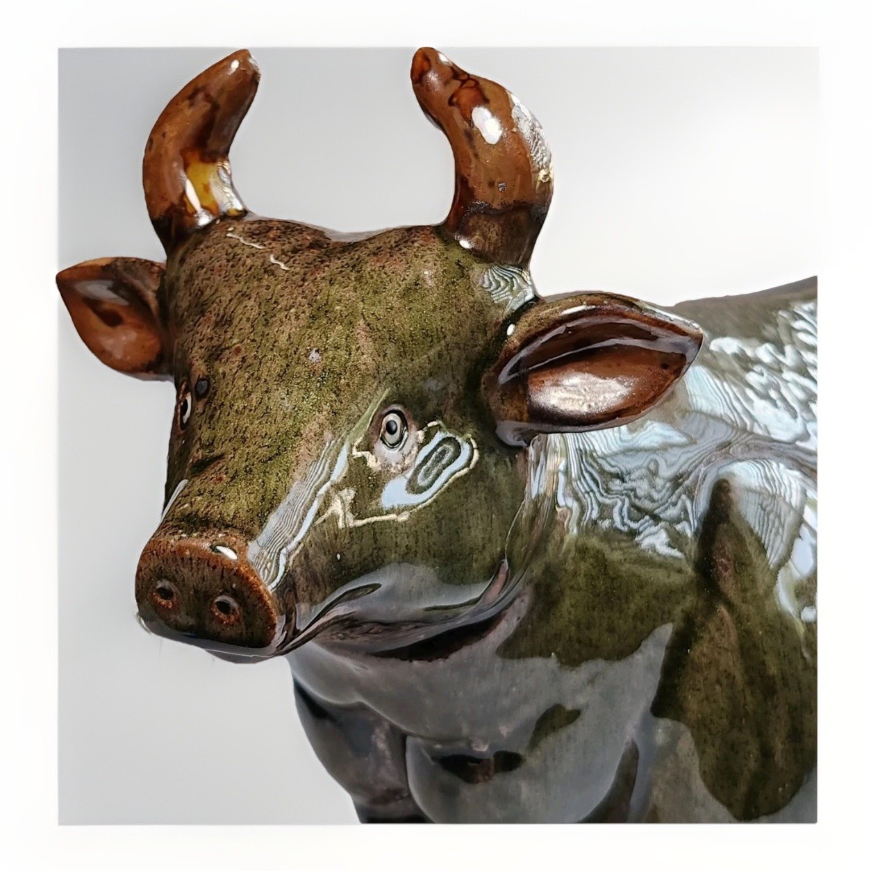 Large Vintage Pottery Sculpture Green & Brown Drip Glazed Ceramic Cow