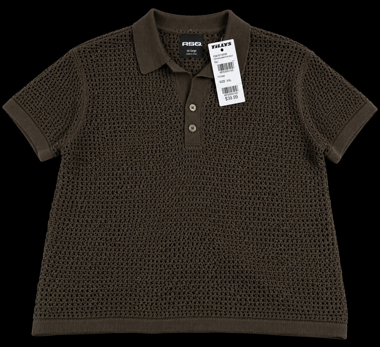 RSQ Men’s Sweater Polo XXL Olive Crochet Open Knit Short Sleeve NWT Tillys