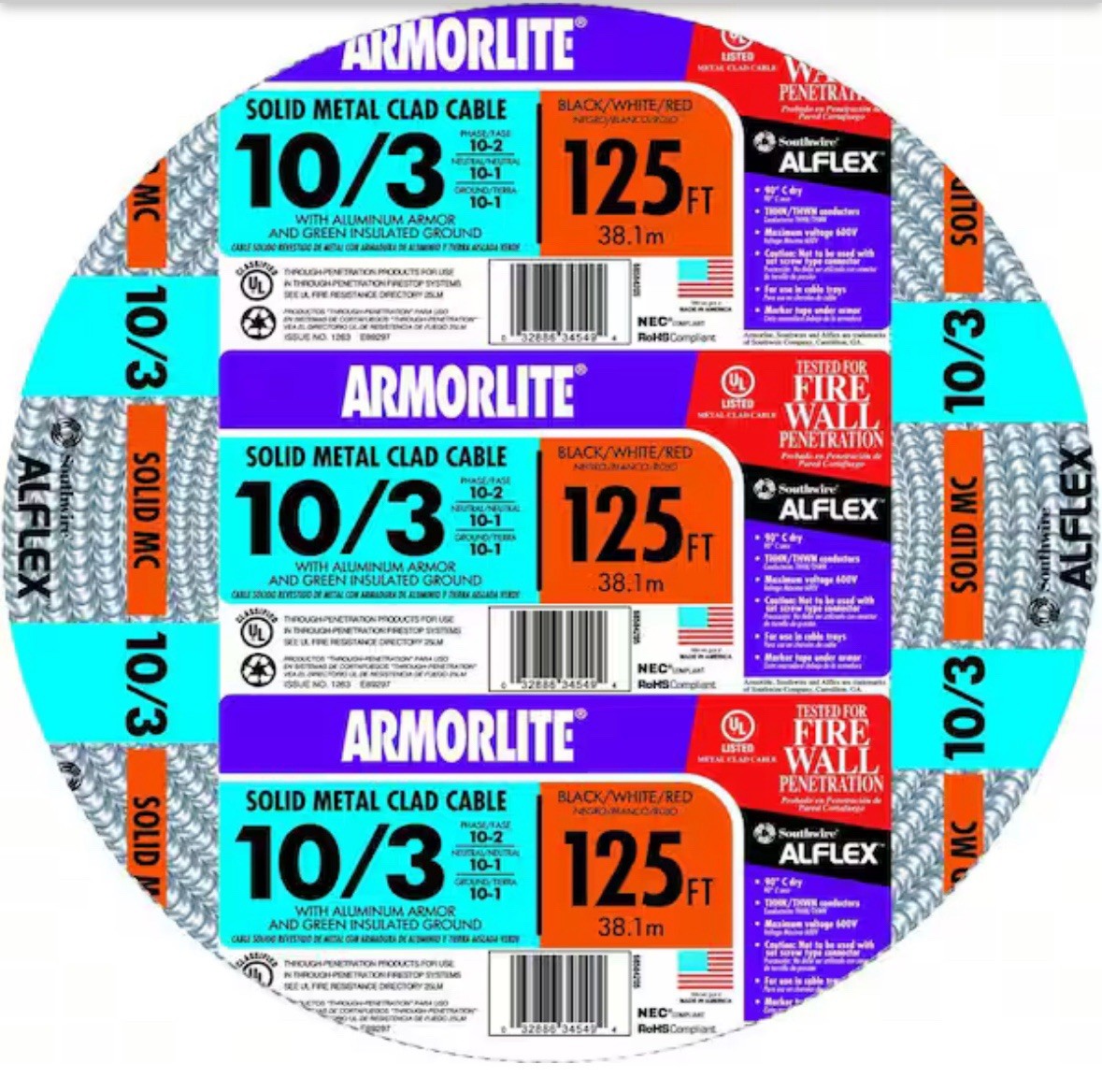 125 Feet Armorlite 10 3 With Ground Copper MC Cable 125 Feet Armorlite 10 3 With Ground Copper MC Cable