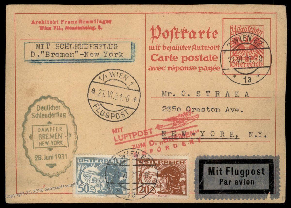 Austria 1931 Catapult Dampfer Bremen Only 19 Flown Cover 91068