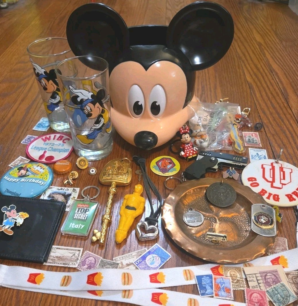 Vintage Grandpa’s Junk Drawer Lot Pins Stamps Disney 