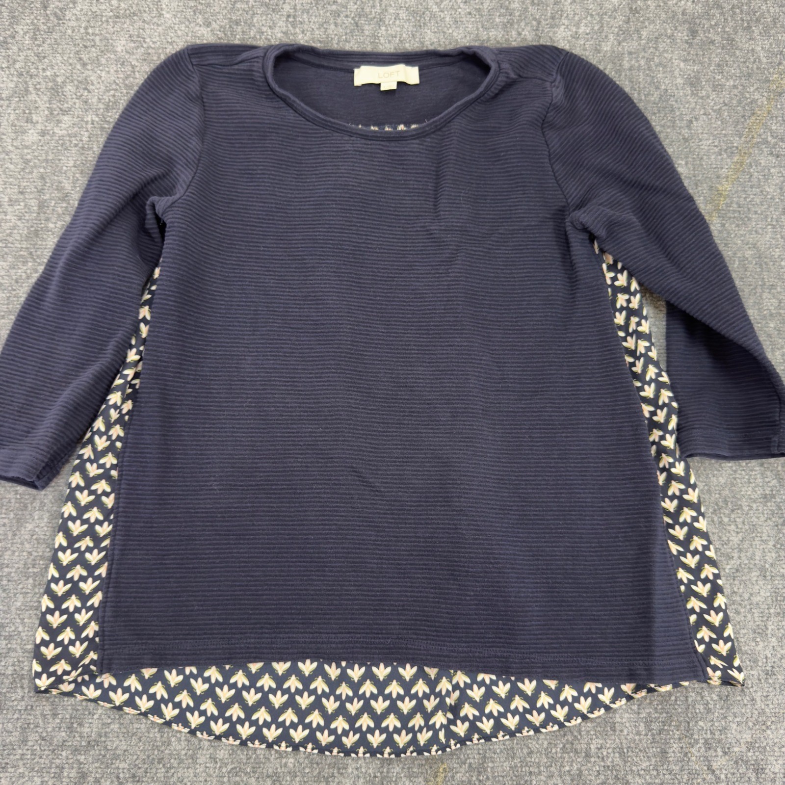 LOFT Mixed Media Ribbed Knit Floral Back Blouse Navy Blue Size S
