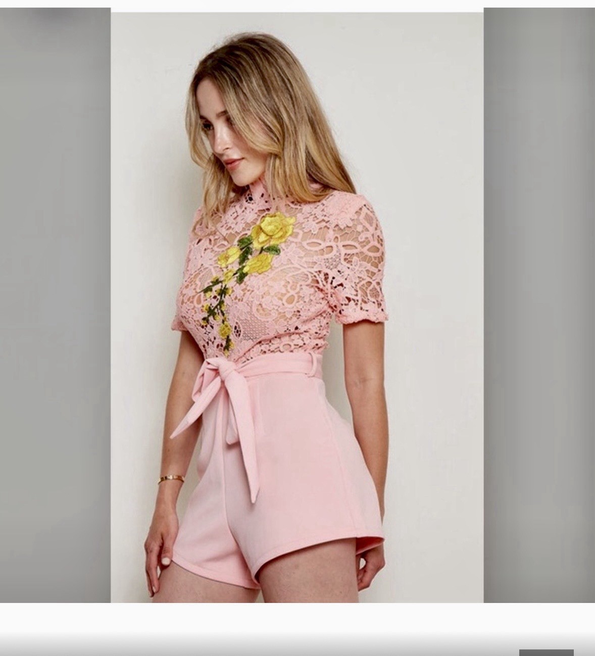 Solaris Style Pink Lace Floral Romper Tie-Waist Belted High Neck M