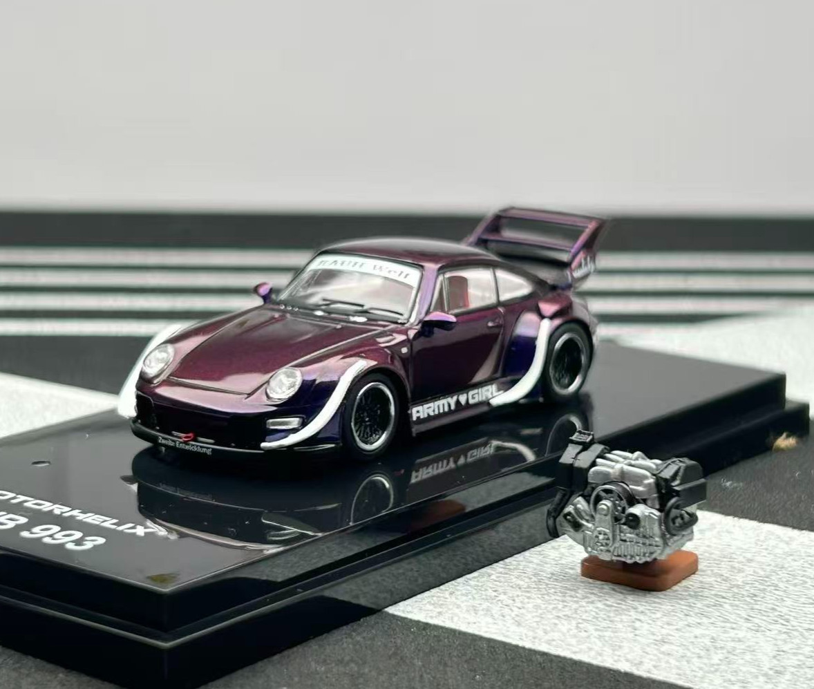 MOTORHELIX 1/64 Porsche RWB 993 Army Girl Purple Diecast Car Model
