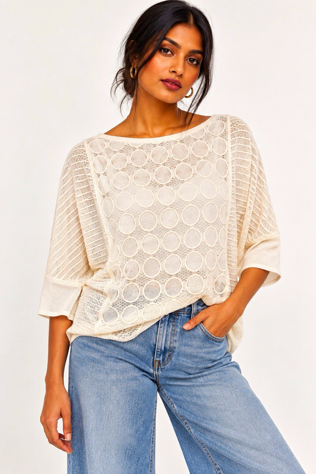 Akemi + Kin Anthropologie Top M Ivory Lace Open Knit Cotton Dolman Boho