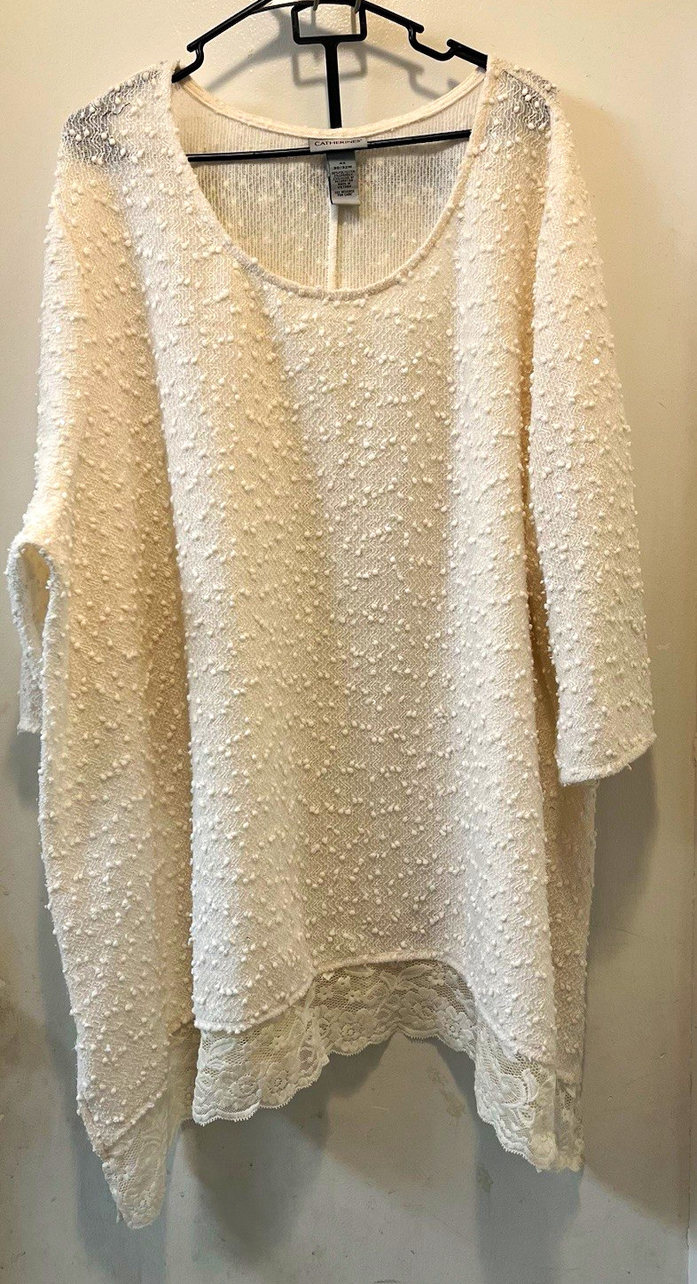 Catherines Women\'s 4X Plus Ivory Solid Textured Knit Round Neck 3/4 Pullover