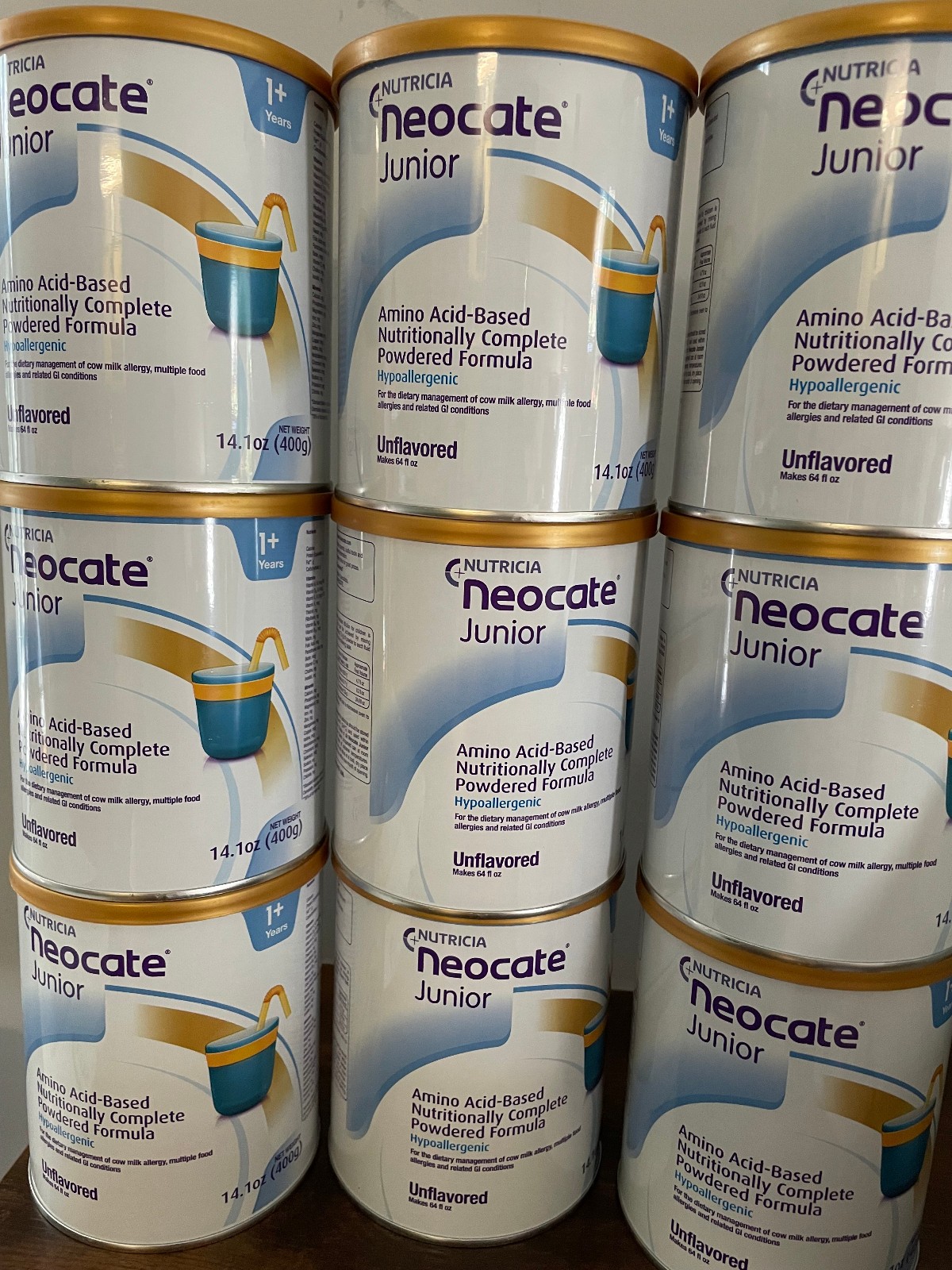 9 CANS NE0CATE JR JUNIOR UNFLAVORED  FORMULA Hypoallergenic (14.1 oz)