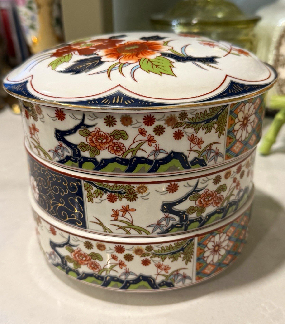 Vintage Japanese Porcelain Jubako-Style 3 Tier Stacking Box Imari Style Floral