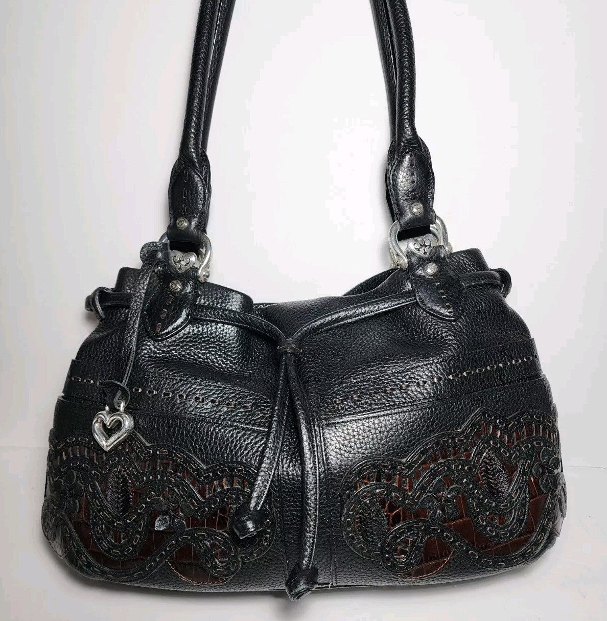 BRIGHTON LOLITA 3D LEATHER APPLIQUE BLACK W/ BWN ACCENTS SHOULDER HANDBAG MR$350