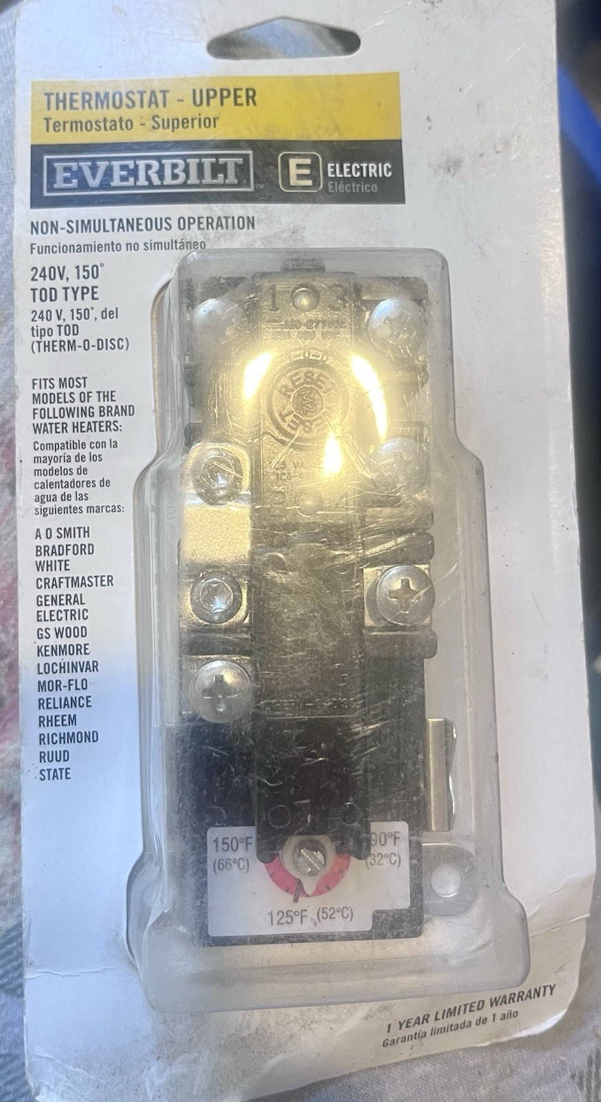 EVERBILT EB11698 T-O-D STYLE UPPER 2-ELEMENT THERMOSTAT ELECTRIC WATER HEATERS