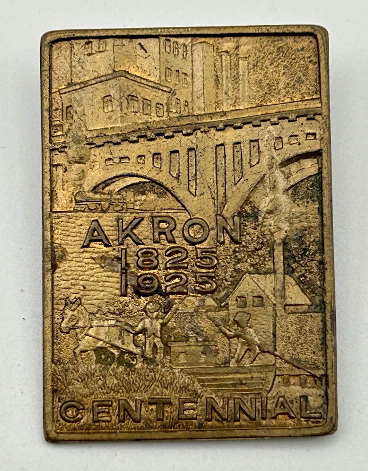 Rare Antique Akron Centennial Pin 1825-1925 The Excelsior Stamp Works Co, Ohio
