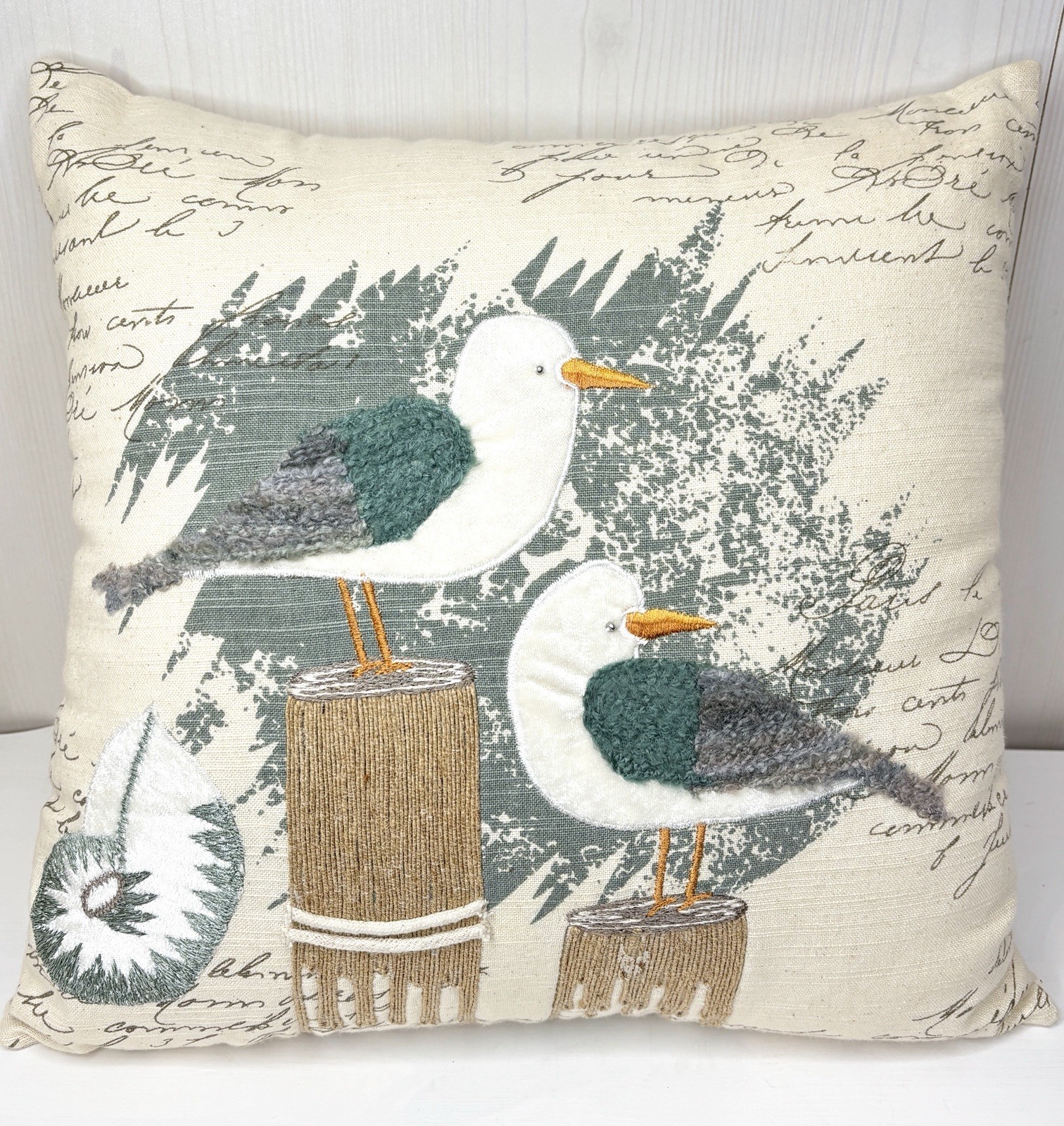 Pier 1 Coastal Seagulls Bird Beach Shell Embroidered Nautical Linen Throw Pillow Pier 1 Coastal Seagulls Bird Beach Shell Embroidered Nautical Linen Throw Pillow