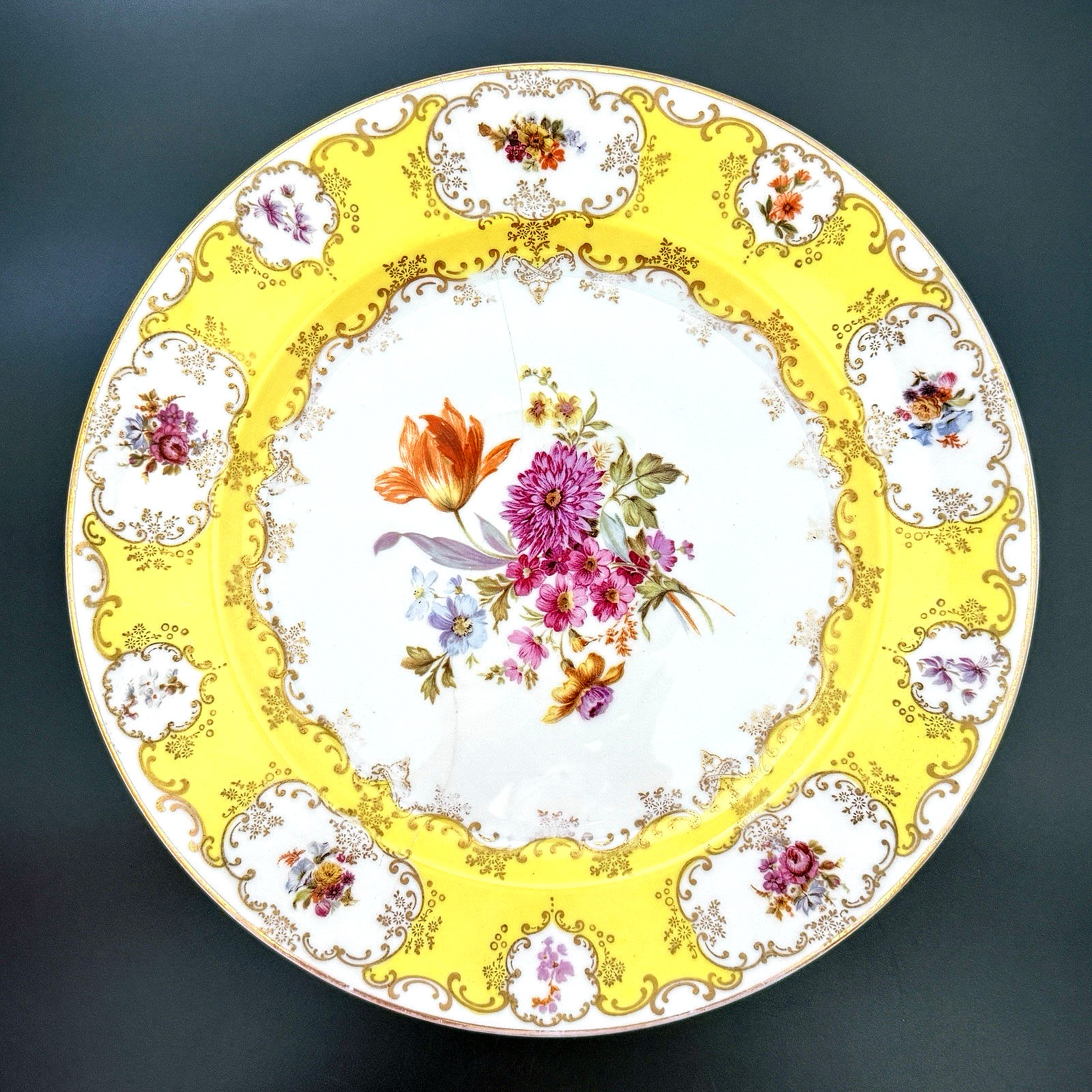 Antique Rosenthal Pompadour Old Staple Repair Yellow Porcelain Plate 10.25