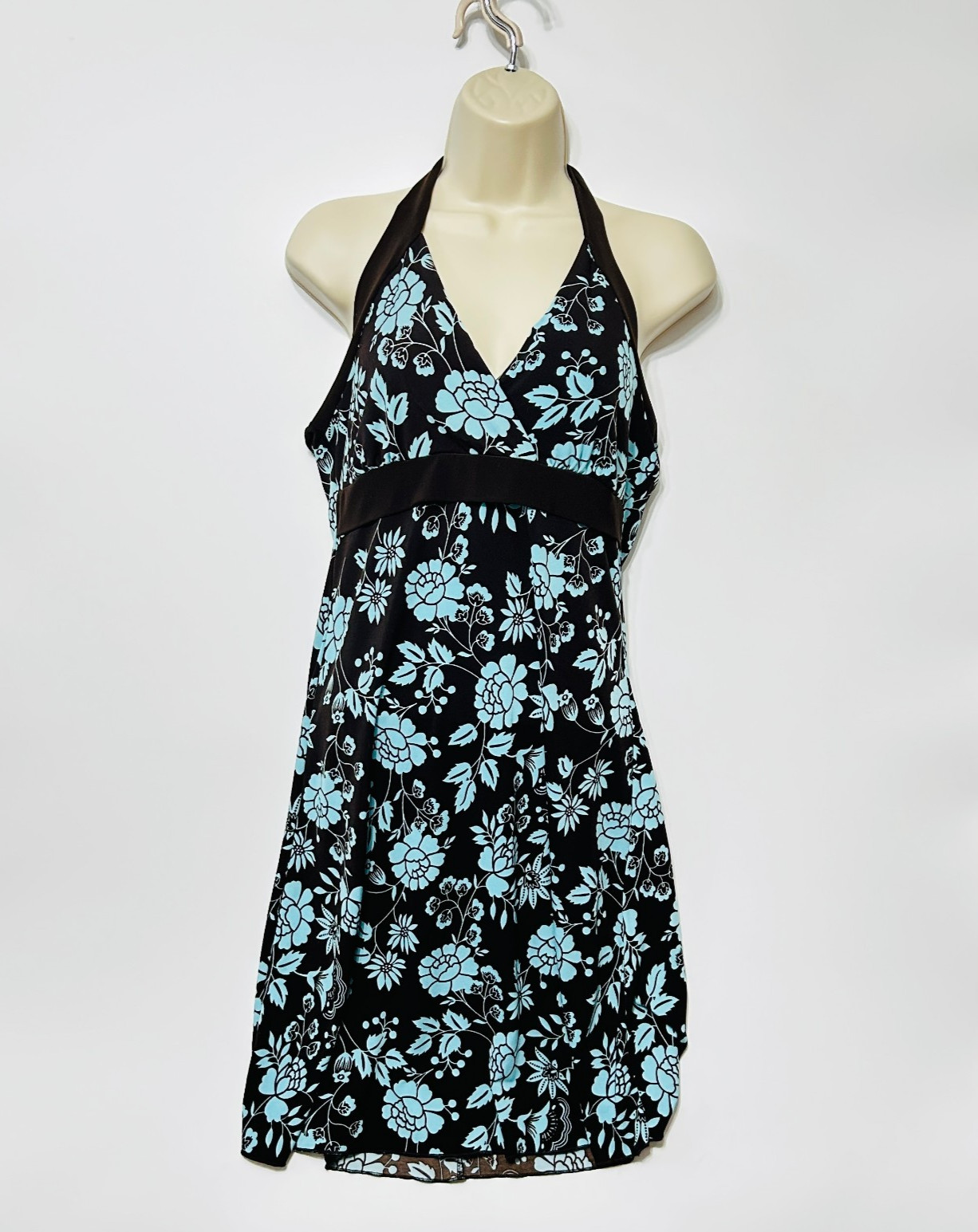 Vtg 90s Y2K Body Central Halter Babydoll Mini Dress Size L Blue Black Floral