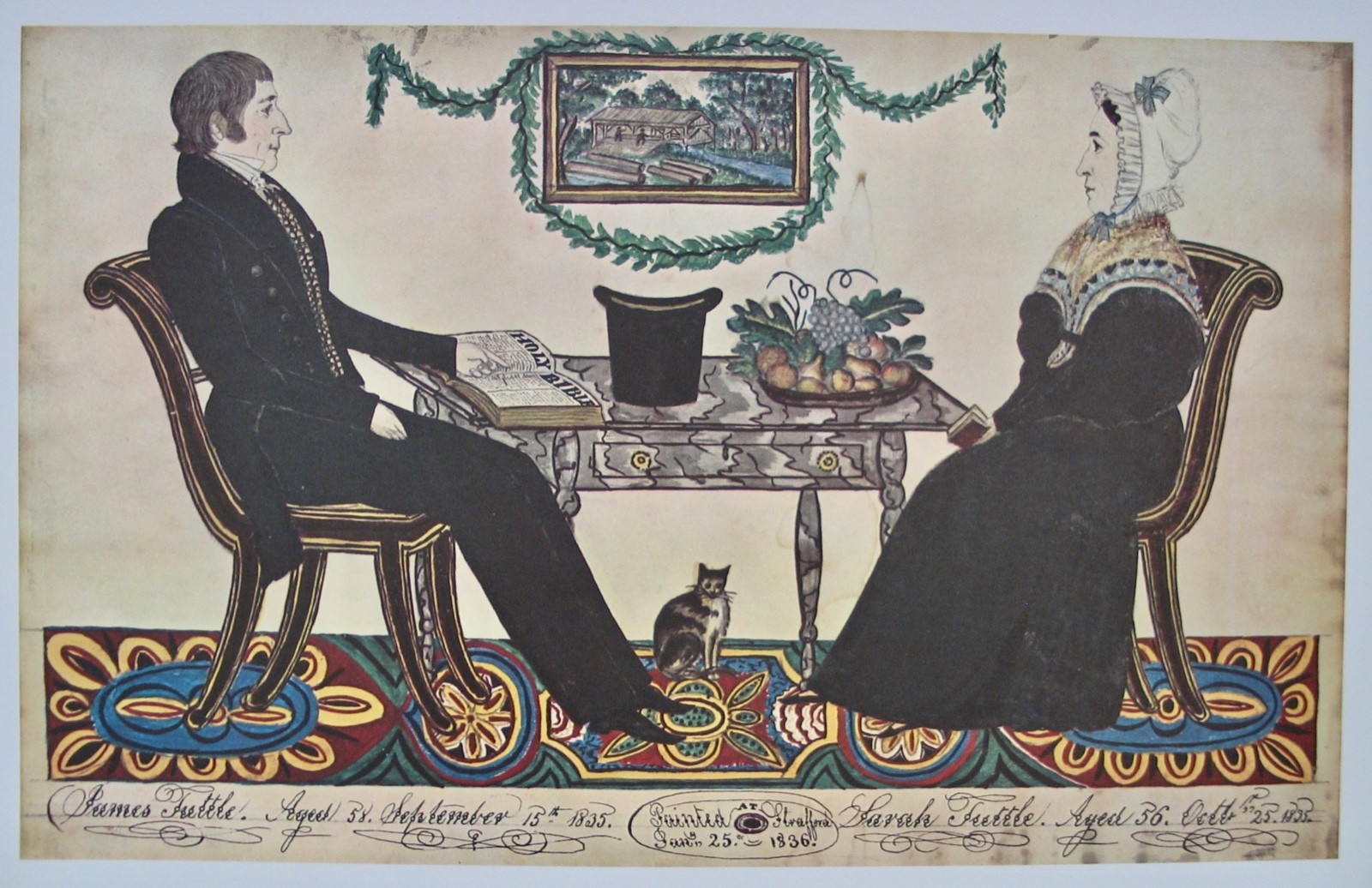 Vintage Art Print James And Sarah Tuttle 1836 American Folk Cat Chairs Table USA