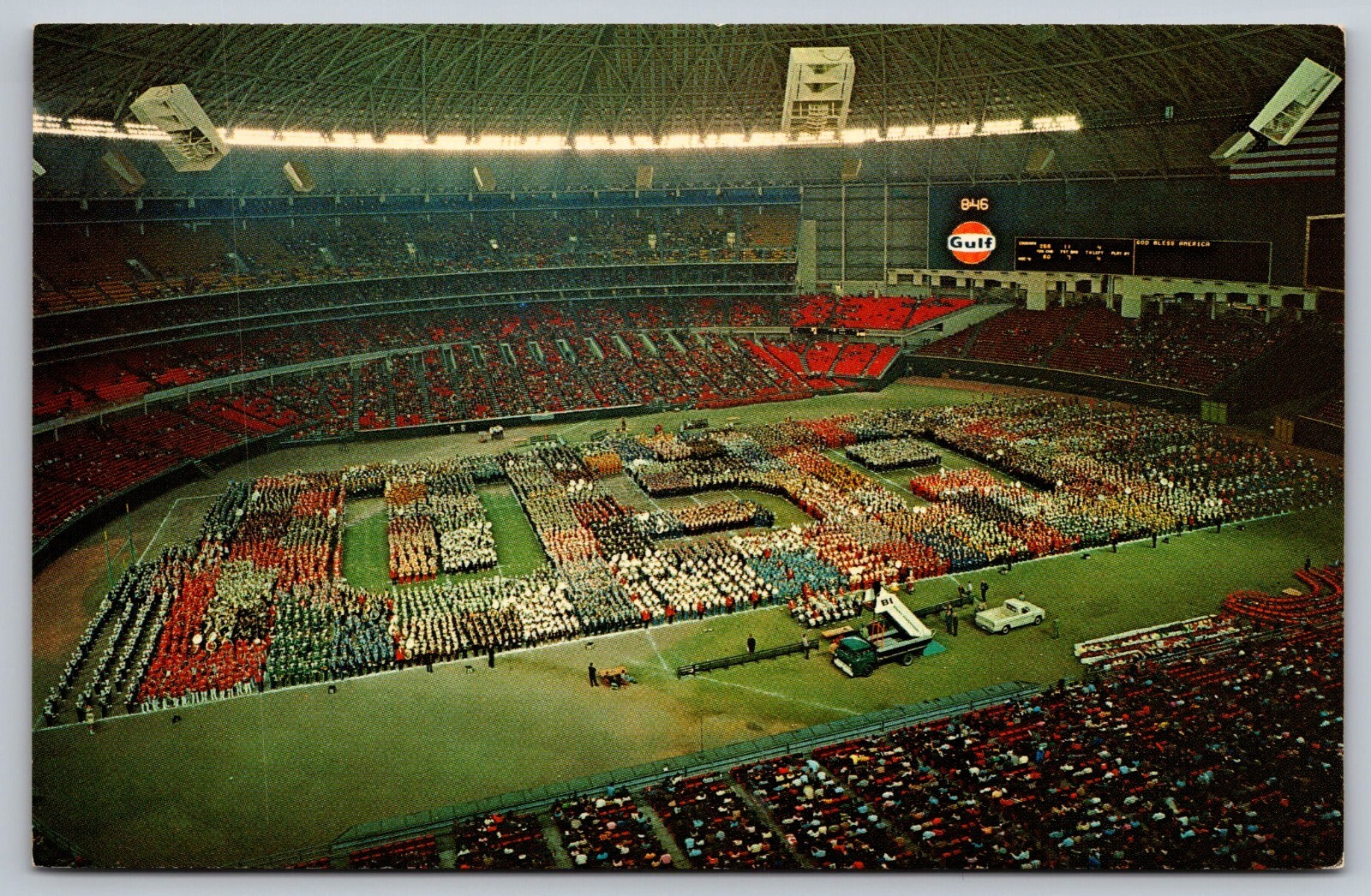 Astrodome USA halftime musicians football game stadium postcard Gulf sign (B1)