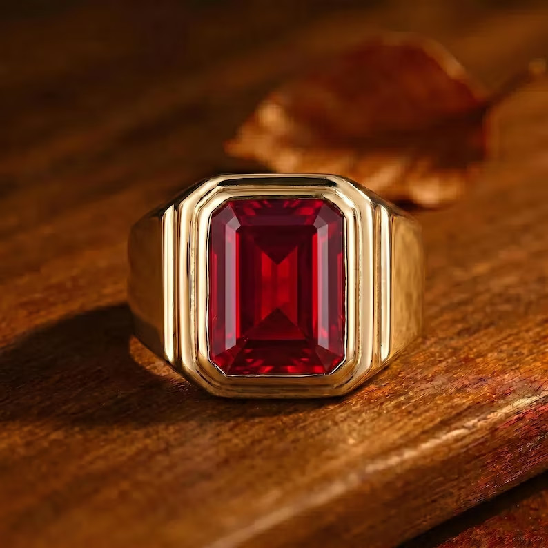 Unique Men\'s Ruby Ring 18k Gold Plated, Pink Ruby Statement Jewelry Gift for Him