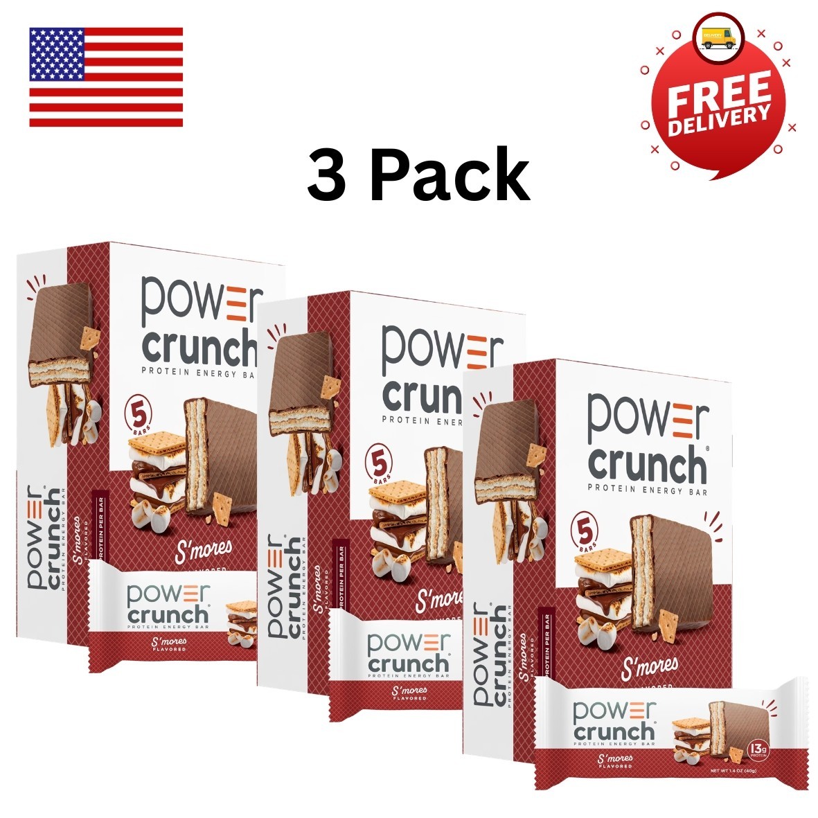 Power Crunch Original Protein Energy Bars, S'mores, 1.4 oz, 5 Count (3-Pack)