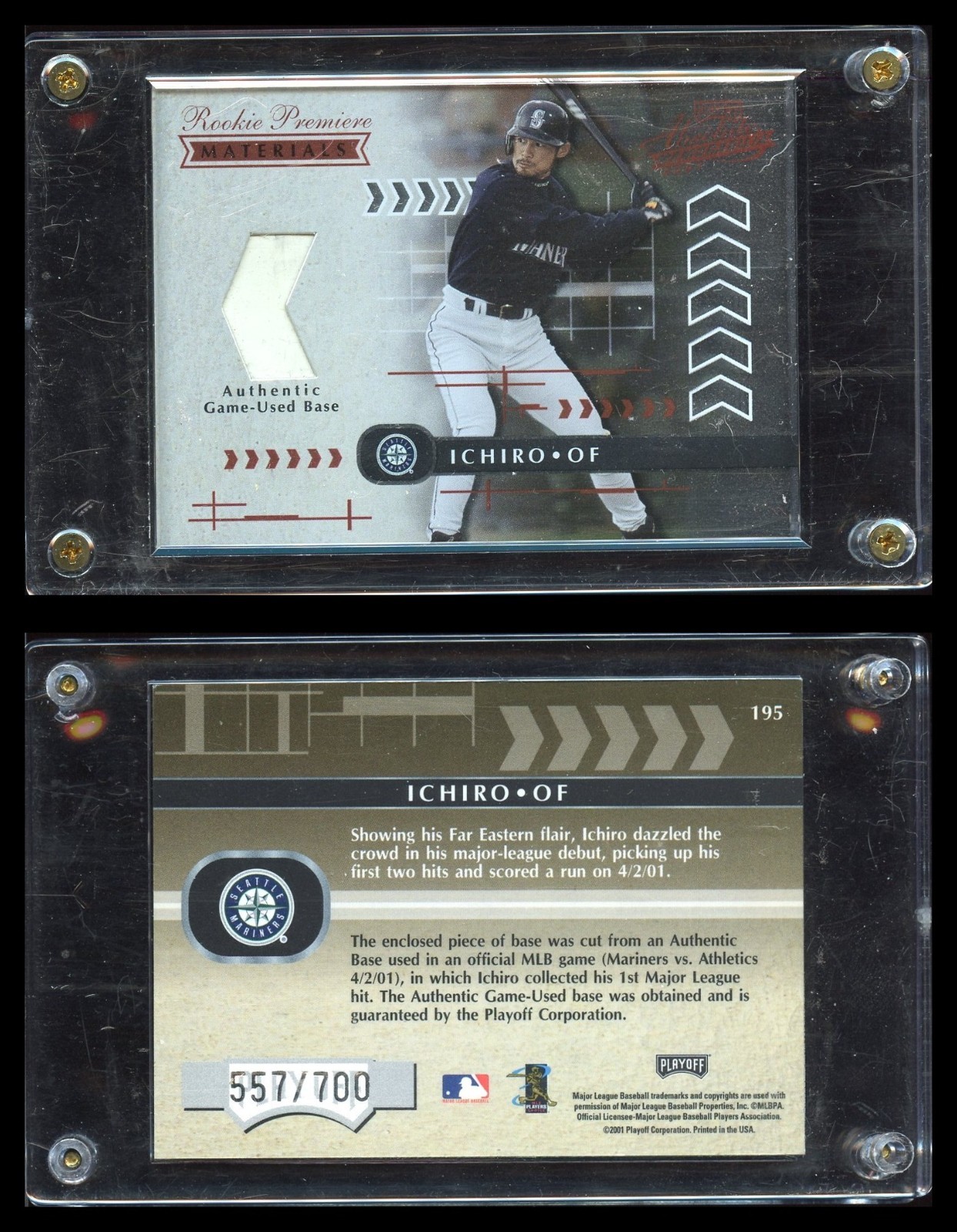 2001 Playoff Absolute Ichiro Suzuki Rookie Premiere Game Used Base RC 557/700 2001 Playoff Absolute Ichiro Suzuki Rookie Premiere Game Used Base RC 557/700