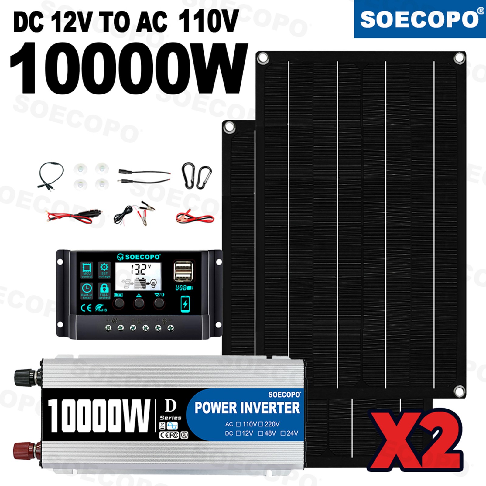 10000W Solar Power System Kit 12Vto110V/220V+2pcs Solar Panels+ 100A ControlleAS