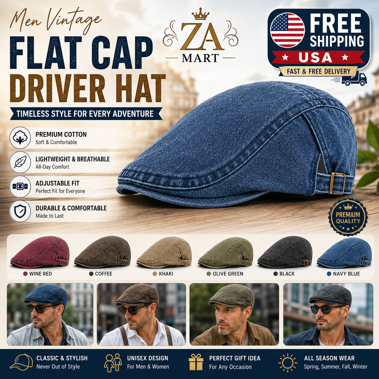 Men Vintage Flat Cap Driver Hat Adjustable Casual Golf Newsboy Unisex