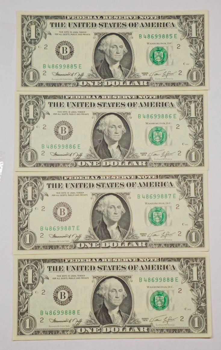1974 1 Dollar Bill 4 Consecutive Notes Quad 8 New York Pack Fresh Unc (888) 1974 1 Dollar Bill 4 Consecutive Notes Quad 8 New York Pack Fresh Unc (888)