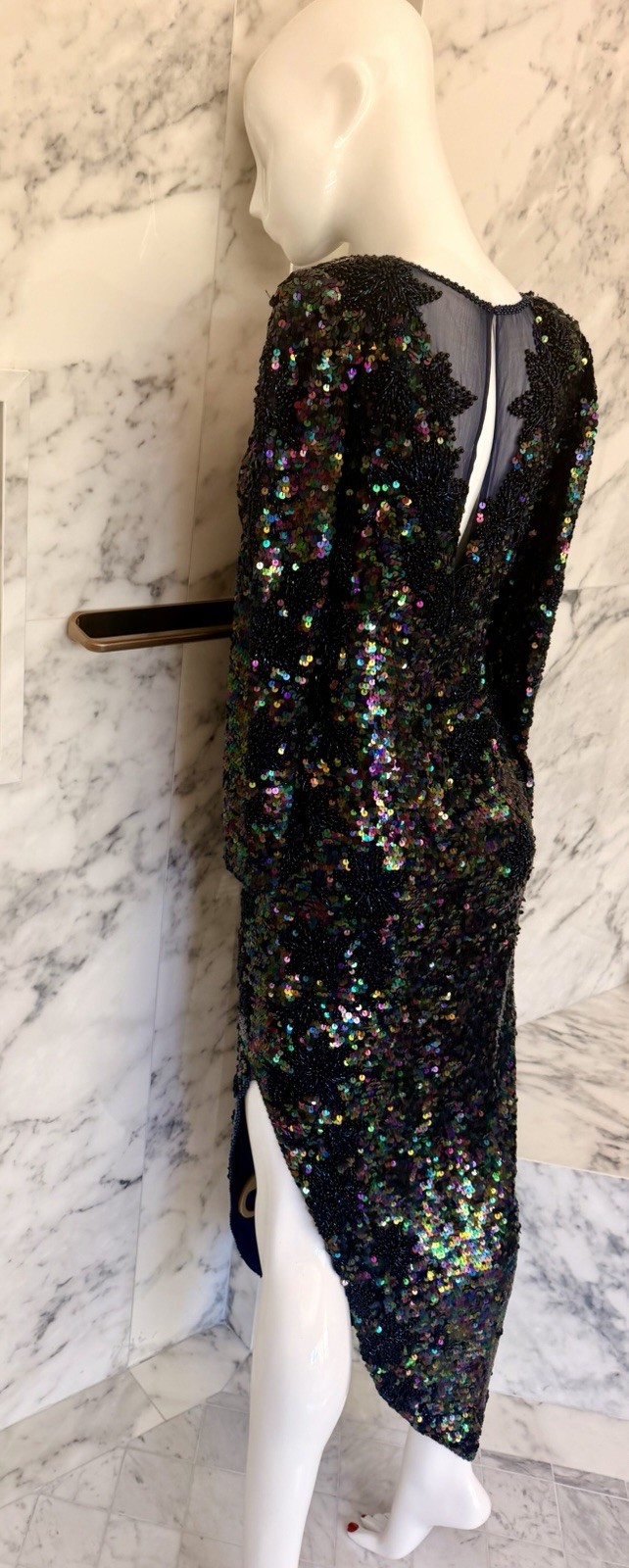 Creative Creations Vintage 100% Silk Hand Beaded Sequin Maxi Dress Blue Multi M