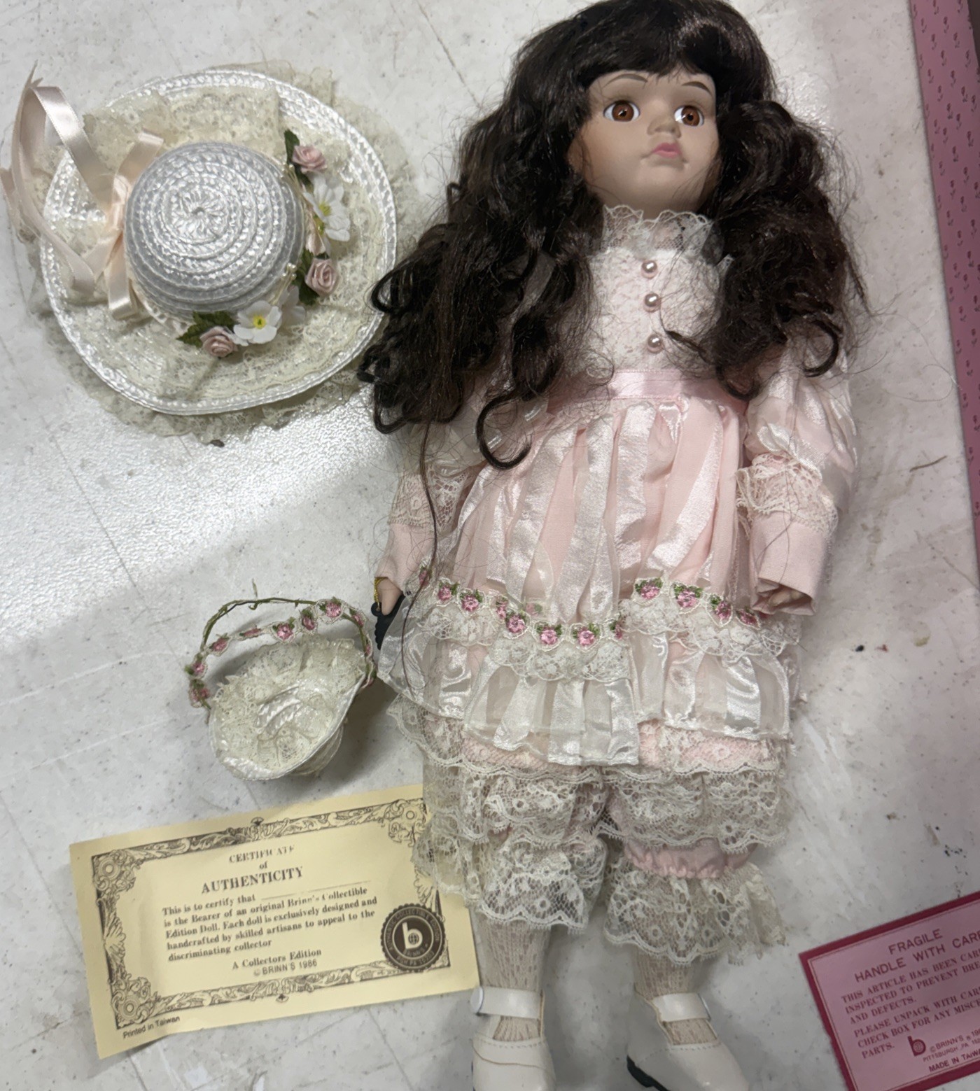 Vintage 1989 Brinn’s Porcelain Doll 12” Authentic Collectible Gina Pink Dress