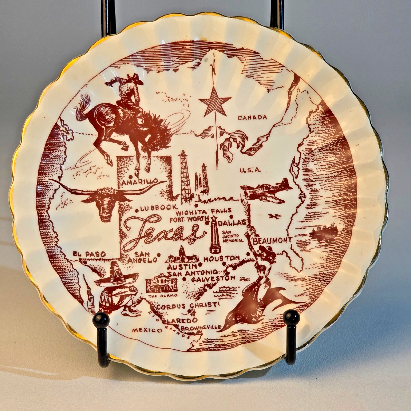 Vintage Texas Map Plate Cowboy Longhorn Oil Derricks Alamo Western 7.5
