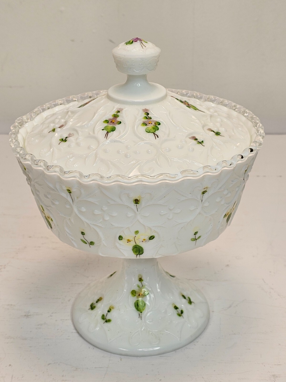 Fenton Spanish Lace Silver Crest Hand Painted Milk Glass Lidded Compote Signed