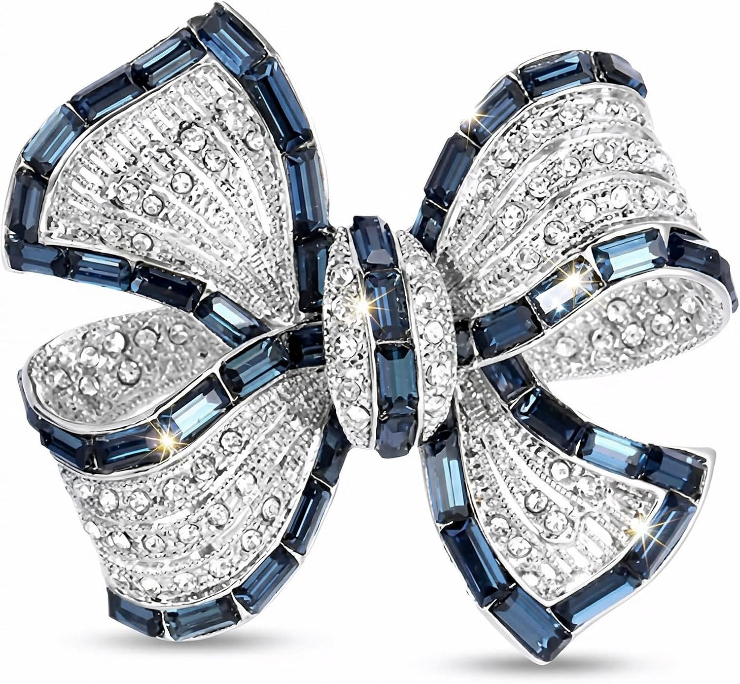 Blue Crystal Rhinestone Bow Brooch for Women, Vintage Ribbon Bow Pin for Coat, E