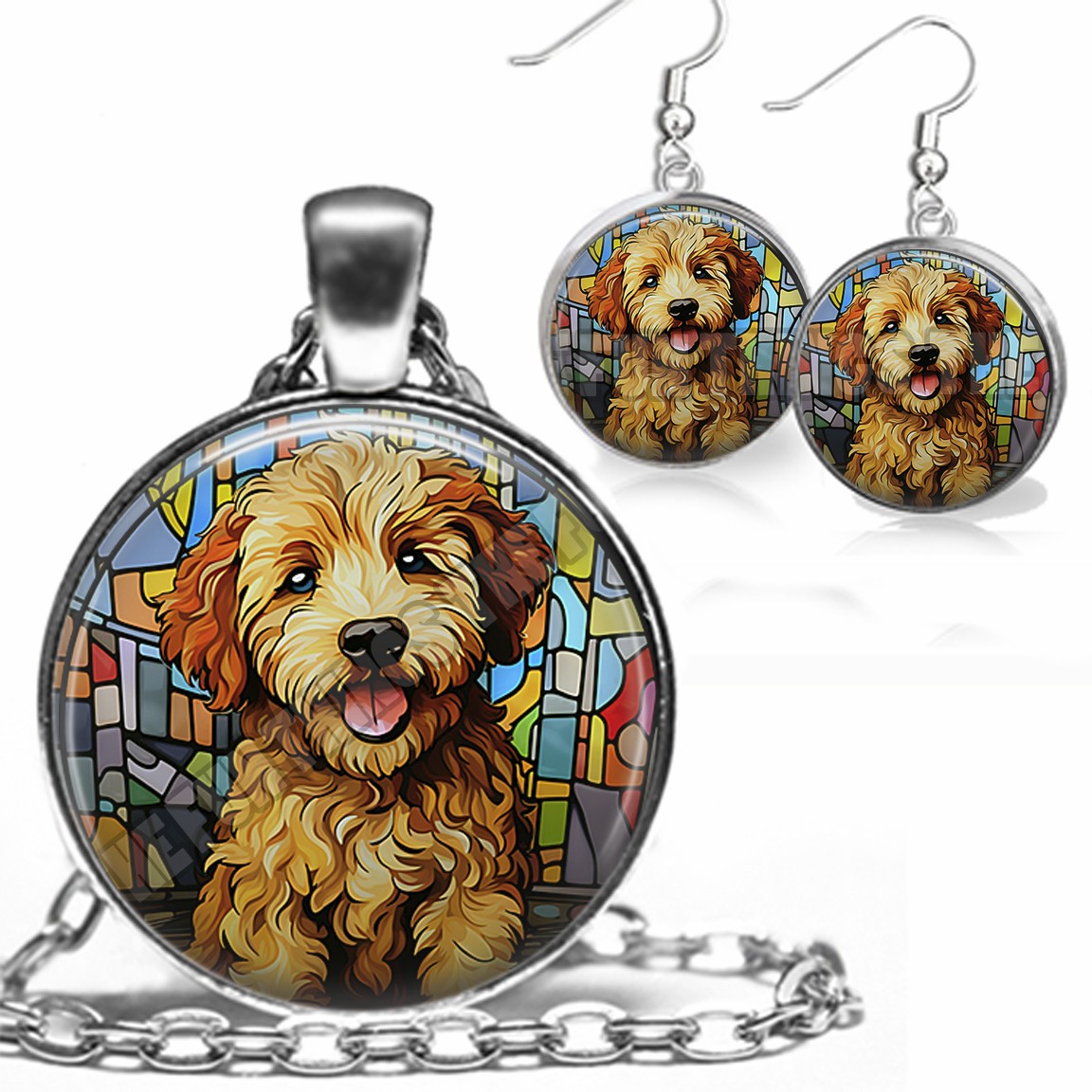 Goldendoodle Dog Mom Gift Pendant Necklace & Dangle Earrings Set