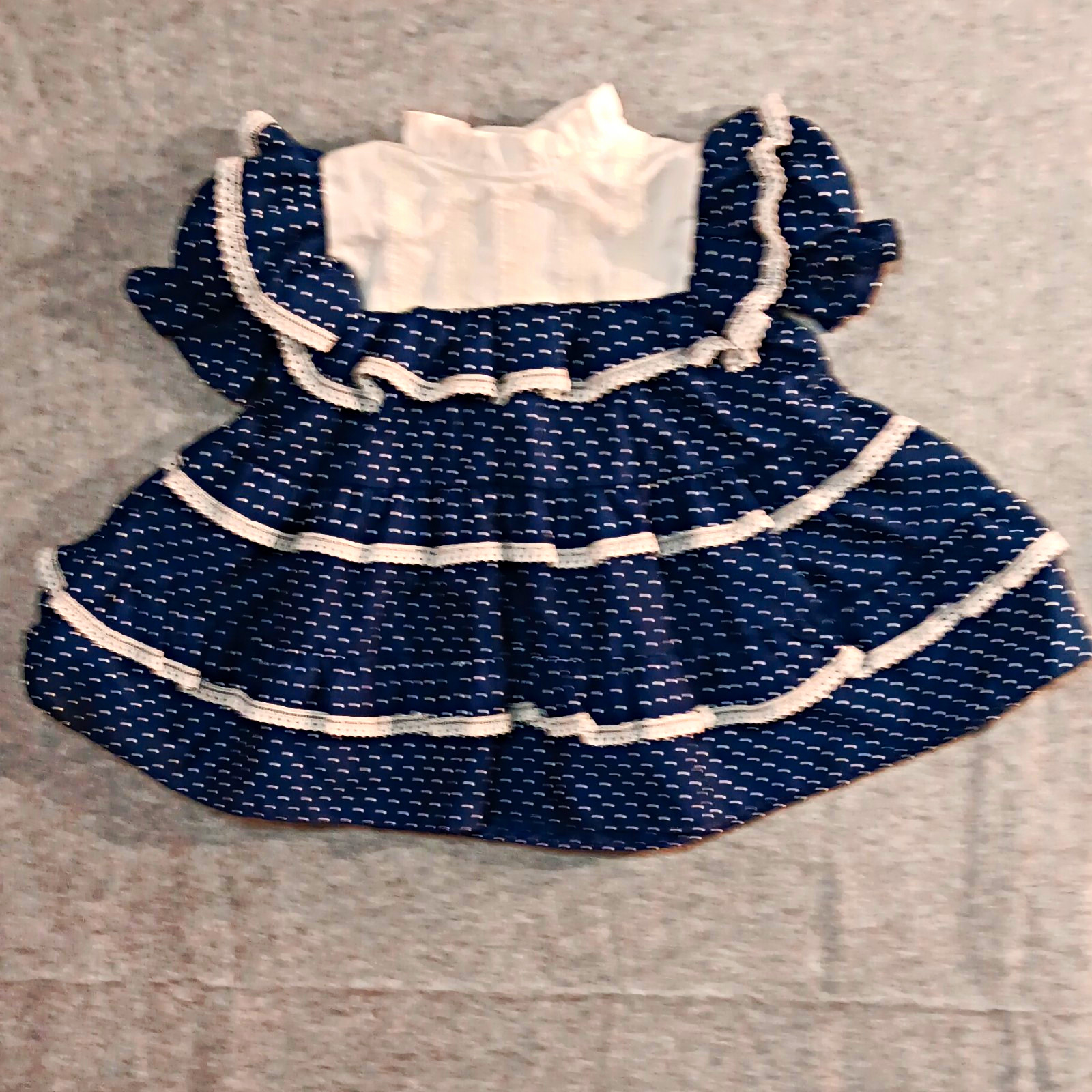 Vintage Sears Girls Fit & Flare Blue/White Polka Dot Lace Puff Sleeve Dress 2T
