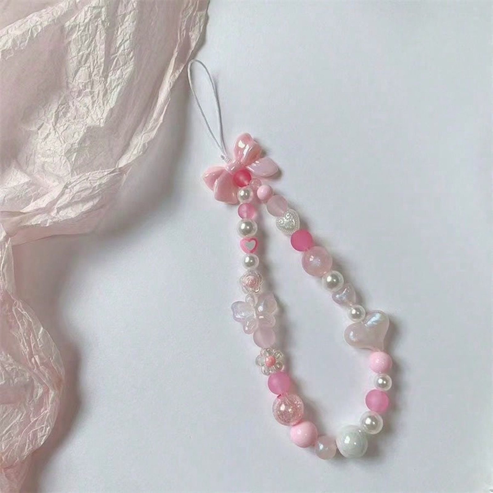 Beaded Phone Charm Strap Pearl Bow Lanyard Wrist Strap Cute Bag Keychain Access