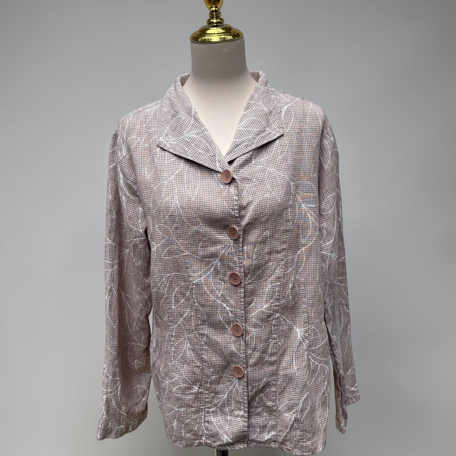 FLAX Linen Button Down Shirt M Brown Gingham Leaf Print Lagenlook Top