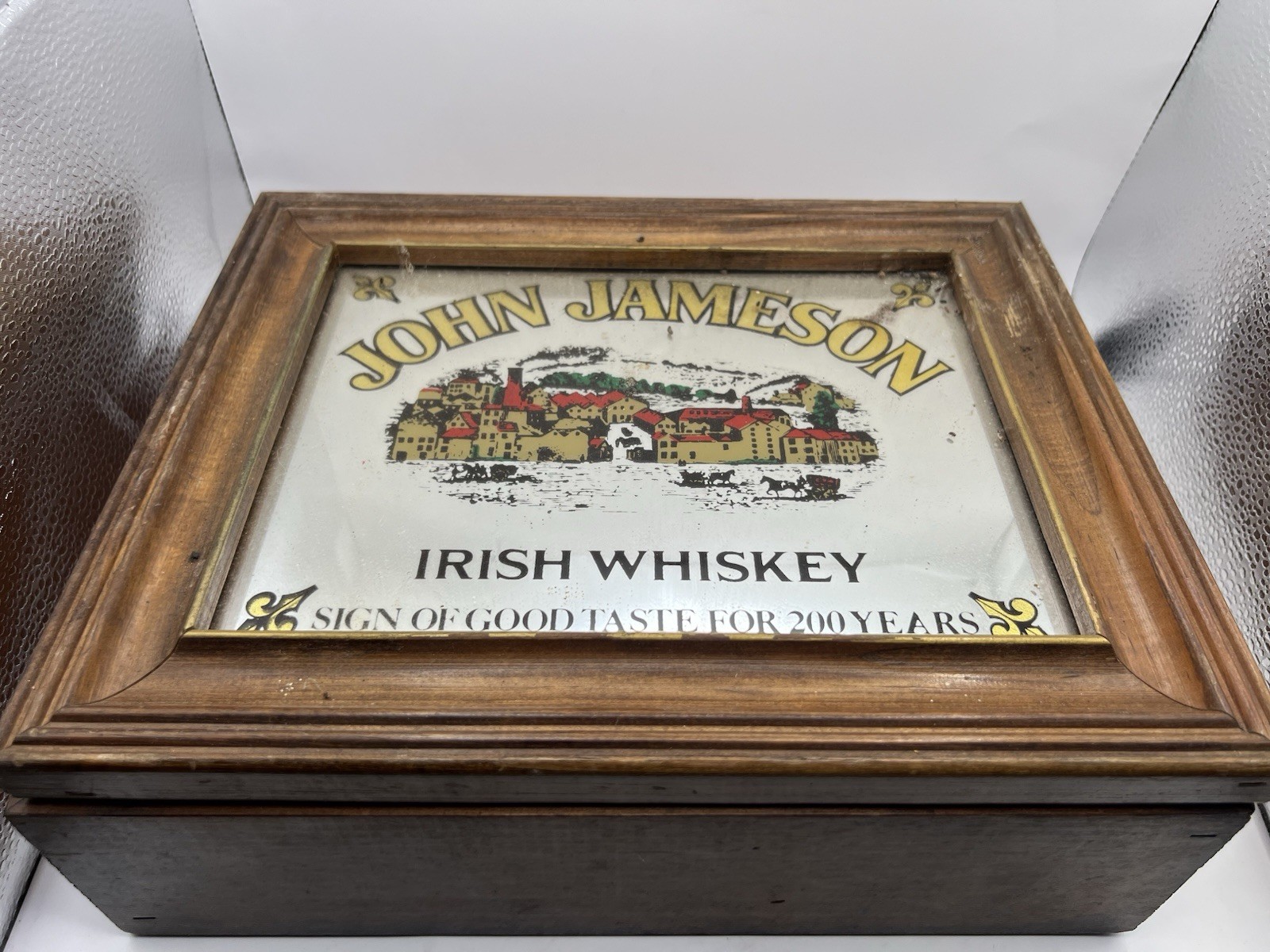 Vintage John Jameson Irish Whiskey 200th Anniversary Music Box Mirror Wood