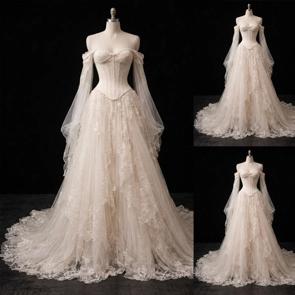 Princess Off Shoulder Wedding Dresses Long Sleeves Lace Appliques Bridal Gowns