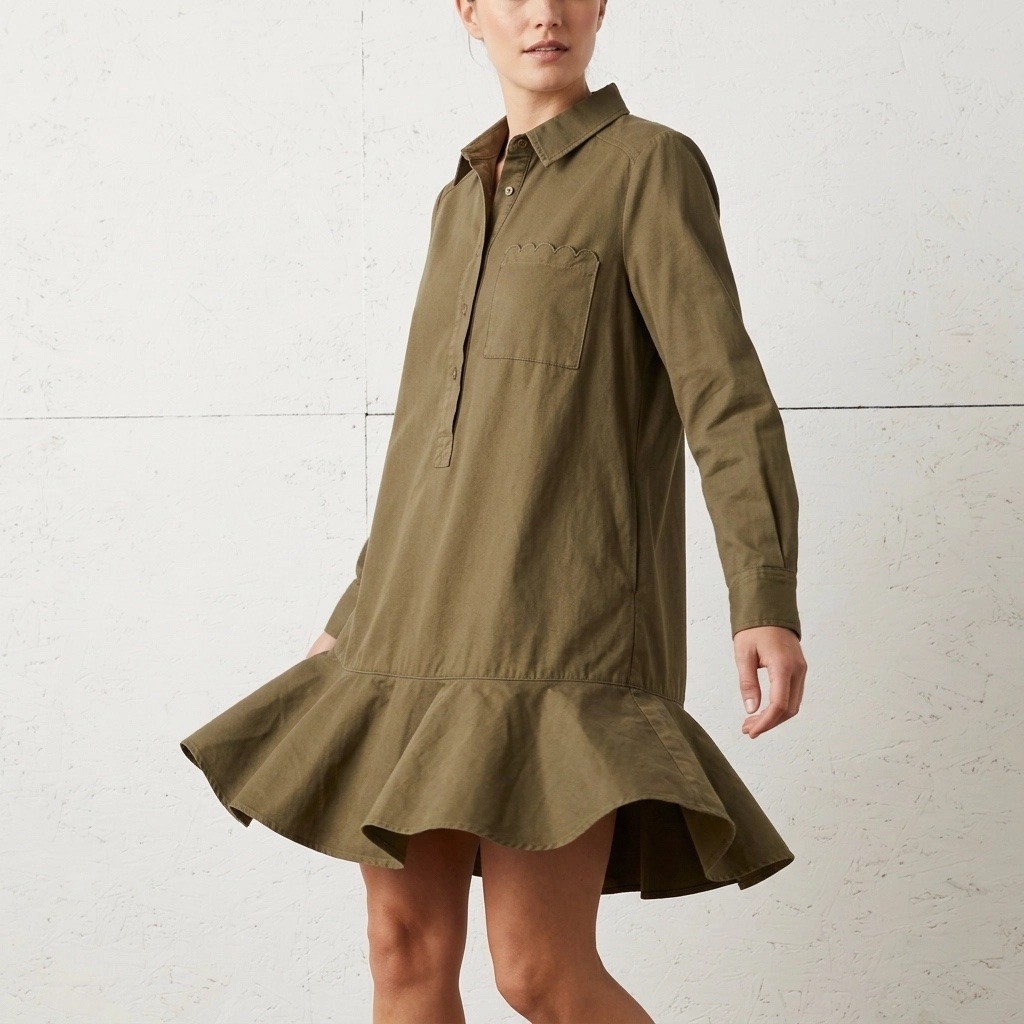 Tuckernuck L Shirt Dress Olive Green Scallop Ruffle Hem Cotton Twill Relaxed Fit