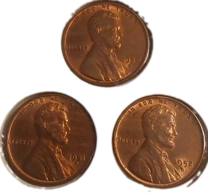 1950-D 1951-D 1952-D Lincoln Wheat Penny Red 1C Gem BU 3 Pc Collection Free Post