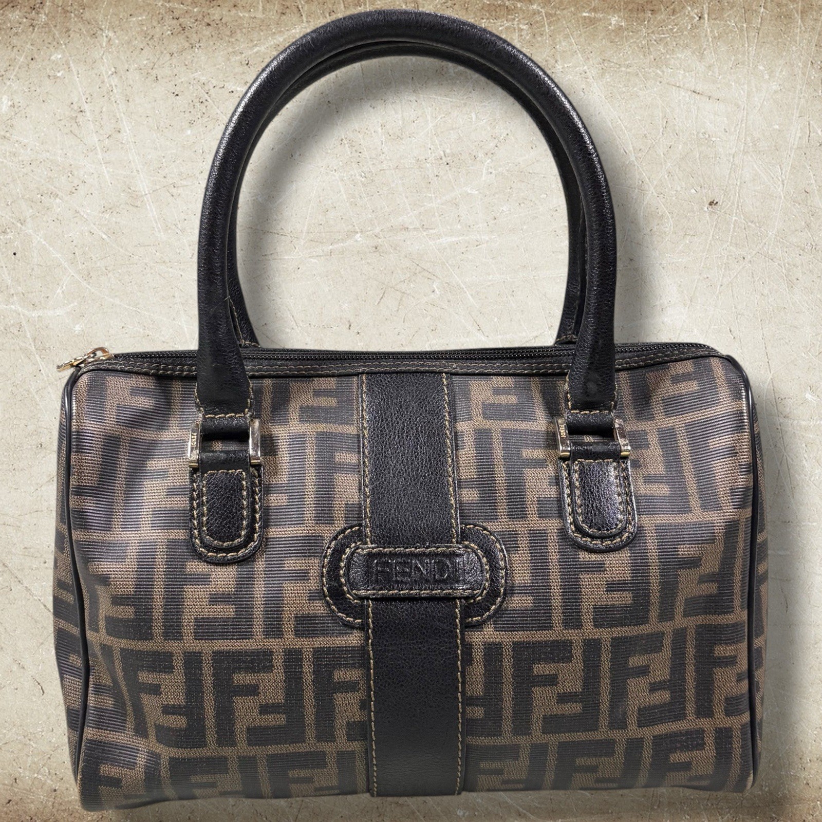 Vintage Fendi Zucca FF Boston Bag Brown PVC Leather Monogram Handbag Authentic